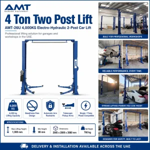 AMT-26U 4 Ton Two Post Car Lift UAE – 4000KG Electro-Hydraulic Clear Floor Lift with Installation